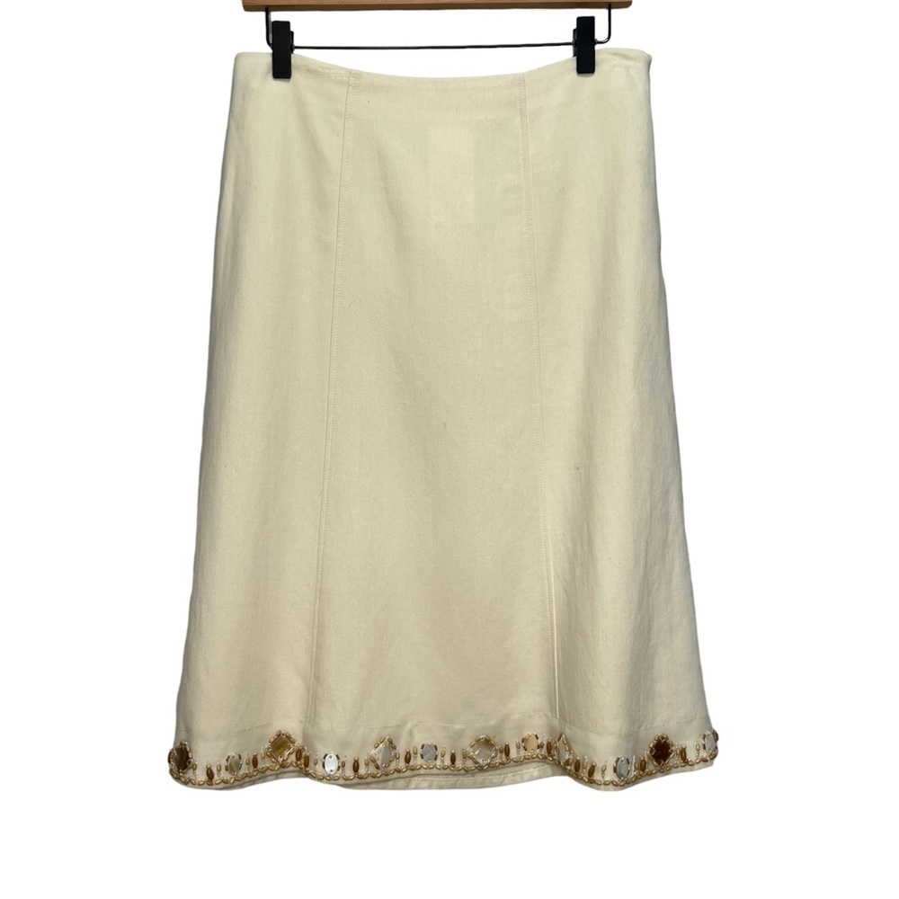 Olsen Europe Beige Tan Linen Beaded Skirt Size 6 Bohemian